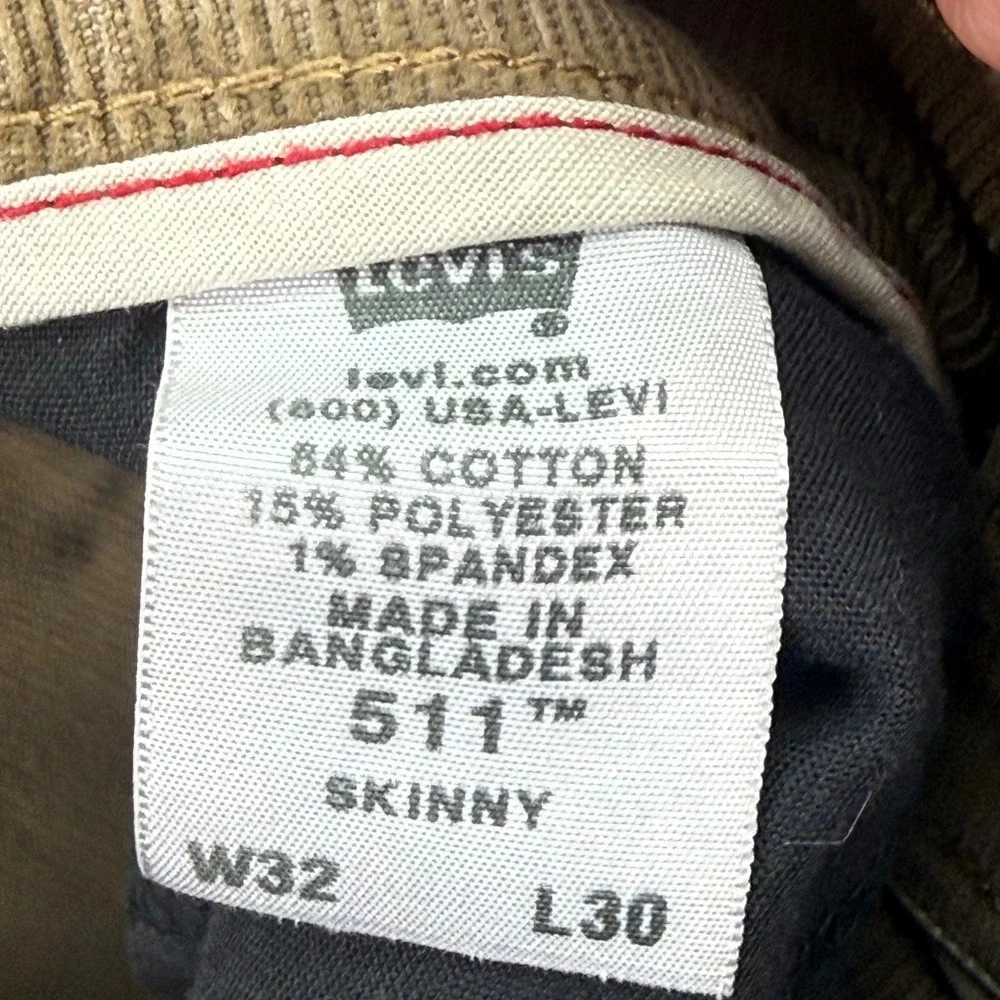 Levi's 511 Skinny Mens 32x30 Tan Khaki Corduroy‎ Stretch Pants 5 Pocket